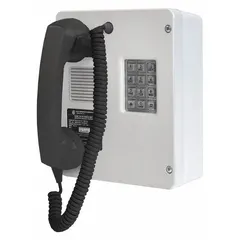 Surface-mount telephone with gray Hytrel plastic housing, Braille keypad, and PSTN connectivity. Corrosion resistant and hearing aid compatible. Designed for indoor use in hazardous areas requiring reliable voice communication.