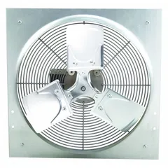 Standard direct-drive panel exhaust fan with an 18-inch blade, 1/3 hp motor delivering 3085 cfm. Operates on 115/230V AC, single-phase, with a totally enclosed air-over motor and Class B insulation. Features a galvanized steel frame, stamped construction, and intake guards. Suitable for general ventilation in industrial and commercial facilities to remove heat, fumes, and stale air.