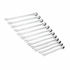 This set of metric 12-point ratcheting combination wrenches is constructed from alloy steel with a full polish chrome finish. The standard-length design features a 12-point box end with a ratcheting mechanism for faster fastener engagement. Suitable for tightening and loosening fasteners in automotive, industrial, and mechanical applications.