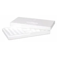White polystyrene mailer designed to hold 8 microscope slides and 8 tubes. Outside dimensions: 10 inches high by 4 1/2 inches long. Used for secure storage and transport of slides in laboratory environments.