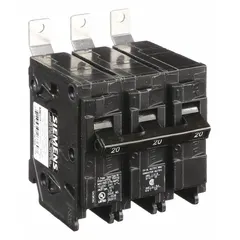 The Siemens B320 is a 20 amp, 240V AC, 3-pole miniature circuit breaker from the BL Series. It features a bolt-on connection for use with Siemens P1 Panelboards and provides overcurrent protection in three-phase electrical distribution systems. The breaker has a maximum AIR rating of 10kA at 240V AC and is a standard-type, three-phase unit.