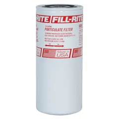 Disposable canister-style fuel filter for water and particulate removal. Features a steel body and cellulose filter material with a 10 micron rating. Suitable for use in fuel dispensing systems, transfer pumps, and storage tanks to protect engines and equipment from contamination.