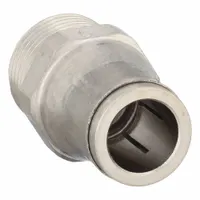 Nickel-plated brass push-to-connect adapter fitting with male BSPT thread. Connects 10 mm OD tubing to 3/8 in male BSPT ports. Silver finish resists corrosion. Used in pneumatic and low-pressure fluid systems for secure, leak-resistant joints