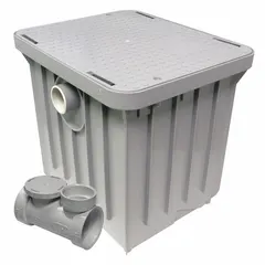 Plastic grease interceptor with a 10 gpm flow rate and 14 1/2 in overall width. Includes flow control and gasket. Used in commercial kitchens to separate fats, oils, and grease from wastewater.