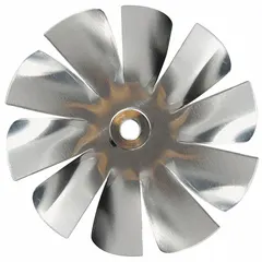 Aluminum propeller with 10 blades and a 4-1/2 inch diameter. Features a clockwise-facing discharge. Used in HVAC and refrigeration systems to move air across coils or heat exchangers.