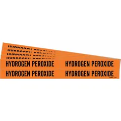 Orange adhesive pipe markers with black legend reading 'Hydrogen Peroxide'. Each marker fits pipe outer diameters from 3/4 to 2-3/8 inches. Pack includes 4 markers without arrows, sold in a 5-pack configuration. Used to identify pipes carrying hydrogen peroxide in industrial piping systems.