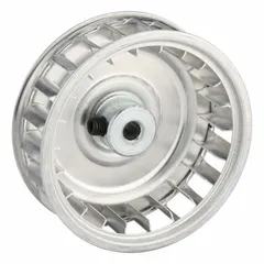 Blower wheel with 8 in width and 1 in height. Used in industrial equipment requiring air movement, such as furnaces, HVAC systems, or ventilation units. Replacement component for maintaining airflow in heating or cooling applications.