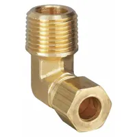 This brass compression fitting connects 1/2 in OD tubing to a 1/4 in male NPT threaded port, forming a leak-resistant seal. It is used in pneumatic, hydraulic, and instrumentation systems for tubing connections. Supplied in a 10-pack