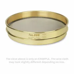 This test sieve has an 8 in outside diameter and 1 5/8 in height, with a stainless steel screen and brass frame. It meets ASTM E11 standards and is used for particle size analysis and material classification in laboratory and industrial settings.