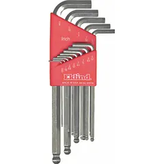 This 13-piece L-shaped hex key set includes SAE sizes with a bright finish and single ball-end design for angled access. The long-length keys are suited for tightening or loosening hex socket screws in confined spaces during assembly, maintenance, and repair tasks.