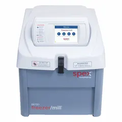 Cryogenic grinding mill with dual grinding and cooling chambers and automated fill operation. Operates at a maximum speed of 15 RPM and accepts a maximum grain size of 10 mm. Used for milling heat-sensitive or tough materials such as polymers, pharmaceuticals, and biological tissues, preserving volatile components and preventing thermal degradation.