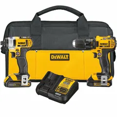This two-tool kit includes a drill and an impact driver, both powered by a 20 V DC battery system. The battery is included. Suitable for drilling and fastening tasks in construction, woodworking, and general maintenance.