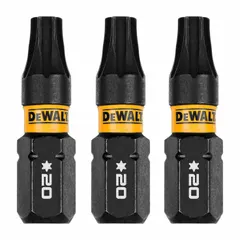 DEWALT Insert Torx Bits with T20 size and standard hex shank, made from S2 steel. Suitable for driving Torx fasteners in construction, woodworking, and assembly tasks. Fits standard hex chucks on power drills and impact drivers. Pack of 3.
