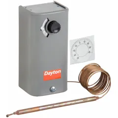 This line-voltage thermostat from Dayton features a SPST switch that closes on rise, with a fixed 3°F differential and a temperature control range of -30° to 90°F. It operates at 120V/240V/277V AC and includes a 5 ft capillary with a 5 in x 1/4 in bulb. The steel enclosure houses the fixed-differential control for indoor single-stage applications such as unit heaters or rooftop units.