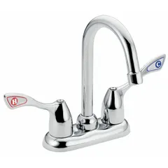 This centerset bar sink faucet is constructed of cast metal and mounts on the deck. It features two handles and a gooseneck spout, with a flow rate of 1.2 gpm. Suitable for bar or prep sink installations in commercial or residential settings.