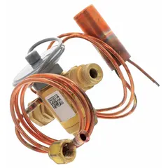 Thermostatic expansion valve for regulating refrigerant flow into the evaporator based on superheat. Used in commercial HVACR systems such as rooftop units, chillers, and split systems.