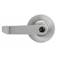 Storeroom lever lockset with ANSI F9 function, allowing keyed entry from outside and free egress from inside. Constructed with satin chromium-plated zinc, style 99 design, and ADA compliant. Suitable for interior doors in commercial settings such as offices, schools, and public buildings