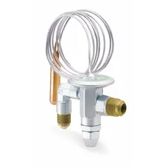 Angle-configured thermostatic expansion valve for R-134A refrigerant with 3-ton nominal capacity. Features field-adjustable superheat and removable strainer. Includes sensing bulb mounting clamp. Used in refrigeration and HVAC systems to regulate refrigerant flow into the evaporator.