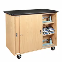 This mobile cabinet is constructed of wood with a 40-inch overall height, 24-inch overall depth, and 4-foot overall width. It has no drawers and is designed for use in laboratories, workshops, or industrial settings where a movable storage solution is required.