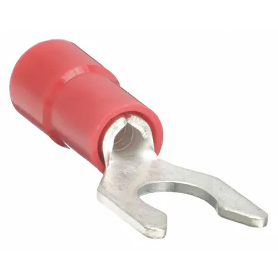 OEM Fork Terminals: Red, Vinyl, #8 Stud Size, 22 AWG – 16 AWG Wire Range, Locking Fork - Insulated Fork Terminals