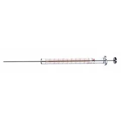 Gastight syringe with 25 µL capacity, borosilicate glass barrel, PTFE plunger and replaceable PTFE tip. Includes cemented needle with point style 2. Individually packaged. Used for precise liquid handling in analytical chemistry and chromatography applications.