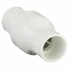 This Dayton PVC poppet check valve features a socket x socket connection with female ends and a 1 1/2 in pipe size. The stainless steel poppet and PVC body provide corrosion resistance for use in water and chemical handling systems where backflow prevention is required.