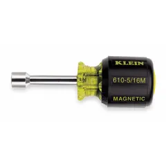 Straight fastener-holding nut driver with a 5/16-inch SAE tip size and magnetized tip. Hollow round shank allows use on long bolts or threaded rods. Suitable for driving and removing hex fasteners in confined spaces.