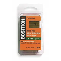 Collated headless pin nails with a smooth finish and chisel point, 3/4 in overall length. Supplied in a 3000-count pack. Used for trim and finishing applications where a discreet fastening is required, such as attaching moldings, panels, and delicate woodwork.
