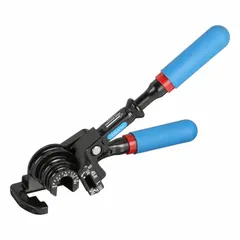 This lever-style bender is designed for forming copper tubing. It features three bending heads for left, offset, and right configurations. The bend angle range is from 0° minimum to 180° maximum.