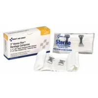 Sterile, latex-free gauze compress bandage measuring 3 inches wide by 6 inches long. Includes clips for secure fastening. Unitized for single-use application. Meets ANSI/ISEA Z308.1-2015 standards for workplace first-aid kits and emergency wound care