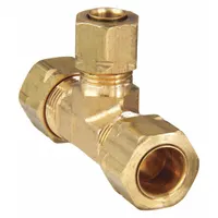 Brass compression tee fitting with three ports for connecting tubes in a T-junction. Suitable for fluid or gas systems requiring leak-free sealing. Supplied in a 10-pack