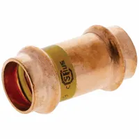 This NIBCO press tube fitting is a straight coupling made of copper or bronze. It has a fitting size of 3/4 in CTS x 3/4 in CTS x 3/4 in CTS x 3/4 in Pipe. Used to join copper or bronze tubing in gas piping systems for natural gas or propane installations