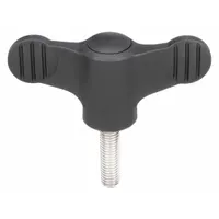 Wing knob with threaded stud for manual clamping, positioning, and adjustment on machinery, fixtures, and jigs. Plastic body with stainless steel M10 thread, 30 mm thread length, and 75 mm diameter. Wing design allows quick hand tightening without tools