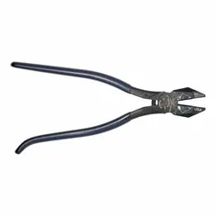 These ironworker's pliers feature a combination flat and curved jaw design with wire pulling points for gripping, twisting, and pulling wire. Overall length is 9 1/4 in, jaw length 1 1/4 in, and jaw width 1 1/8 in. Suitable for construction and electrical work involving rebar and cable.