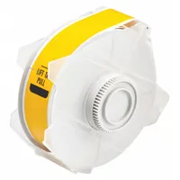 This continuous label roll is made of yellow gloss vinyl for outdoor use. It measures 1 1/8 inches by 100 feet and features a removable and repositionable adhesive. Compatible with GlobalMark 2 printers, it is suitable for labeling equipment, pipes, and safety signage in industrial environments