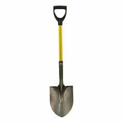 Round point shovel with a 14-gauge steel blade, black finish, and a 30-inch yellow fiberglass D-grip handle. Suitable for digging, trenching, and moving loose materials in construction, landscaping, and agriculture.