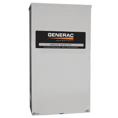 Service rated automatic transfer switch for single-phase applications. Rated 150 A at 120/240V AC. Features a lockable aluminum enclosure. Compatible with GENERAC RXS series.