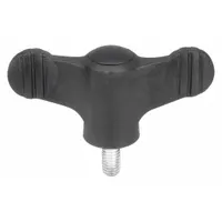 Wing knob with threaded stud for manual adjustment and fastening. Plastic body with stainless steel #10-32 thread. 50 mm diameter, 10 mm thread length. Suitable for use in jigs, fixtures, and machinery where frequent hand tightening is required