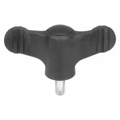 Wing knob with threaded stud for manual adjustment and fastening. Plastic body with stainless steel #10-32 thread. 50 mm diameter, 10 mm thread length. Suitable for use in jigs, fixtures, and machinery where frequent hand tightening is required.
