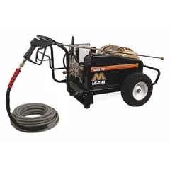 This cold water pressure washer operates at 4000 psi and 3.9 gpm, powered by a 15 hp motor on 230 V three-phase. It features a belt-driven pump and is mounted on a cart for portability. Suitable for heavy-duty cleaning tasks such as removing dirt, grime, and grease from equipment and surfaces in industrial settings.