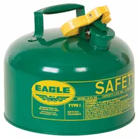 This Type I safety can is designed for handling and storing flammable liquids such as oil. It features a single opening for filling and pouring. Constructed from powder coated steel in green, it has a 2 1/2 gallon capacity. Suitable for industrial environments where spill prevention and fire safety are required