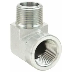 This rigid 90° elbow adapter features a female NPTF to male NPTF connection, both 3/4 in size. Constructed of steel, it is used to connect hydraulic lines in industrial fluid power systems, allowing tight routing in confined spaces.