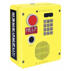 Emergency call box constructed of yellow aluminum for weather resistance. Features auto-answer and a call button for immediate two-way communication. Designed for surface mounting in outdoor or harsh environments requiring reliable public access to emergency services.
