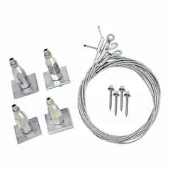 This suspension kit includes a 5 ft cable with WC3 cable size, a 45° eyelet fitting, and a 1/4 in fitting size. It features a strut lock for secure attachment and comes with a 2 in wood screw. Used for suspending cables or equipment in industrial strut systems for HVAC and mechanical installations.