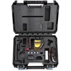 This cross-line laser level projects two red lines for horizontal and vertical alignment. It features electronic self-leveling and operates on a Li-Ion battery. The kit includes a target. Typical applications include layout tasks in construction and interior finishing.