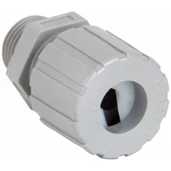 Straight nylon cable grip with 3/8 in male NPT thread for box connection, accepting cord diameters from 0.25 in to 0.38 in. Gray body with white color-coded grommet, rated IP66 and Class III, Division 1 & 2 for hazardous locations. Overall length 1 9/16 in. Used for sealing and securing cables entering electrical enclosures in industrial environments.