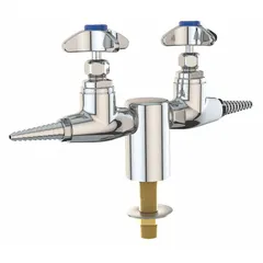 This needle valve features a chrome finish with an orange index color, threaded shank, two handles, two outlets, cross configuration, and 90-degree flow pattern. It provides a flow rate of 6.8 scfm and is used in laboratory turret systems for precise control of gas or liquid flow.