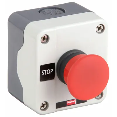 Dayton Control Station: Mushroom Head Push Button, 0 Pilot Lights, 1NC, Stop - Push-Button Control Stations