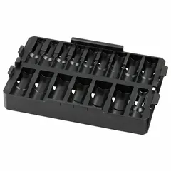 This black plastic tray organizes and protects sockets within a modular tool storage system. It measures 8 1/16 inches wide, 12 inches deep, and 1 7/16 inches high. Suitable for construction, automotive, and industrial maintenance applications where secure transport and quick access to socket sets are required.