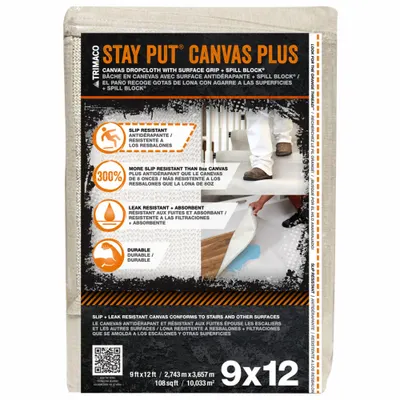 TRIMACO Drop Cloth: Extra Heavy Duty, Anti-Slip Canvas, 47 mil Thick, 9 ft Wd, 12 ft Lg - Slip-Resistant Drop Cloths